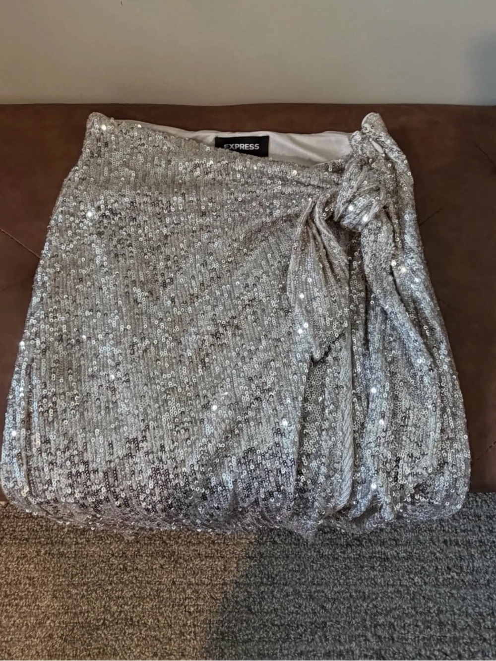 Express Silver Sequin Mini Skirt with Side Knot
